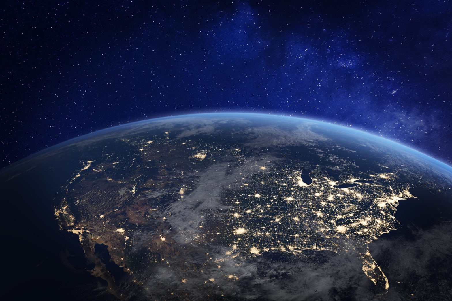 North America at night viewed from space with city lights showin